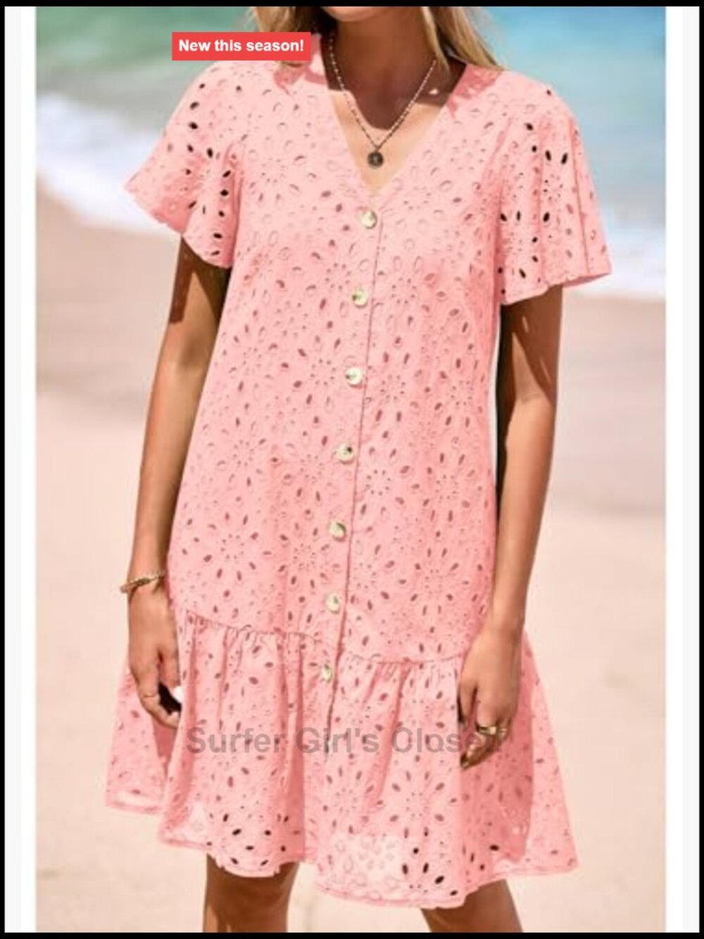 Eyelet Short Sleeve Button Down Babydoll Mini Dress Casual Summer - Picture 3 of 7